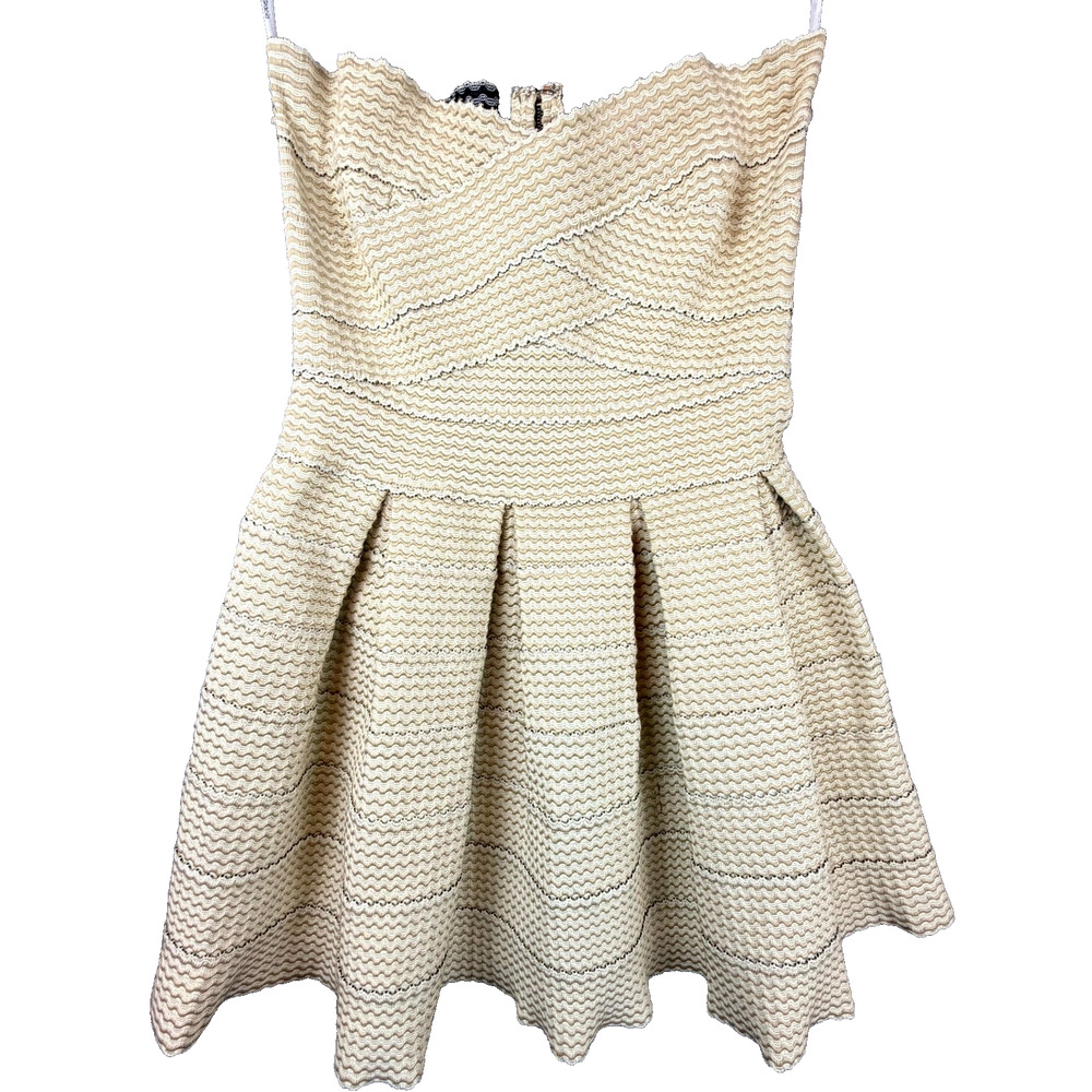 Gracia Mini Dress Womens Medium Cream Tan Textured Pleated Bandage Strapless‎